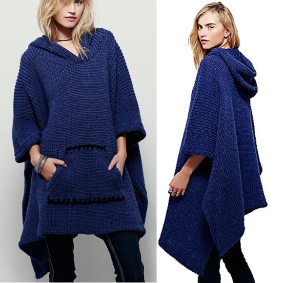 Free People Hooded Chunky Knit Oversized Poncho Ribbed Knit Pocket Navy Blue OS - Picture 2 of 16